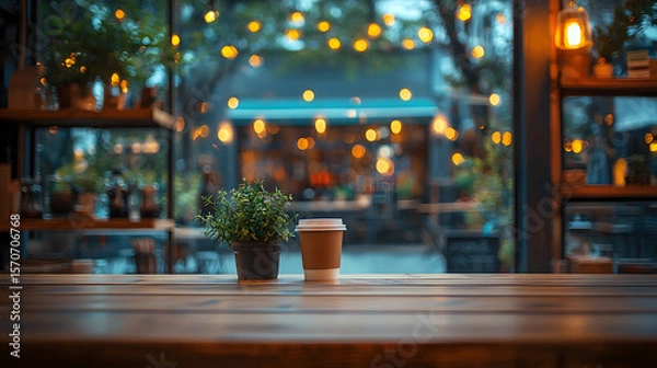 Fototapeta This stunning coffee shop photograph featuring a cozy shelf and table setup, perfect for a cafe or restaurant decor