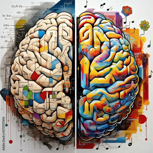 Fototapeta A human brain split into two halves with the left side represented by circuit board like patterns suggesting logic and computation and the right side bursting with vibrant abstract colors and musical