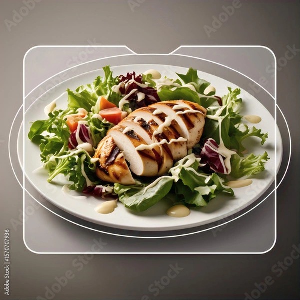 Fototapeta A grilled chicken breast sliced and served on a bed of fresh greens with tomatoes and a creamy dressing is presented on a white plate