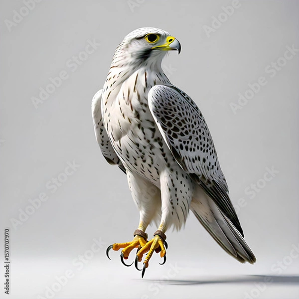 Fototapeta A majestic white falcon with black markings yellow eyes and beak and yellow talons standing against a plain grey background
