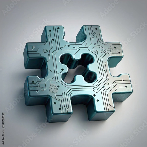 Fototapeta A metallic three dimensional hashtag symbol with circuit board patterns etched onto its surface suggesting a connection to technology or digital concepts