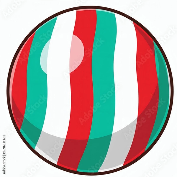 Fototapeta A shiny round candy or gumball with vertical stripes of red white and teal outlined in brown