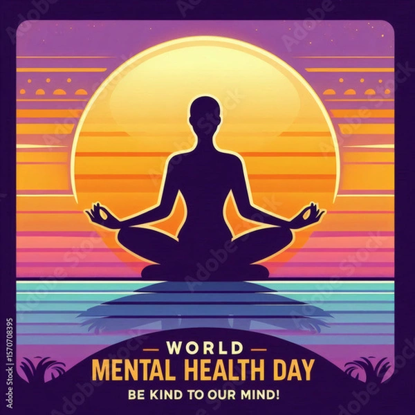 Fototapeta A silhouette of a person meditating in front of a large glowing sun or moon over water with the text  world mental health day   be kind to our mind!  below it