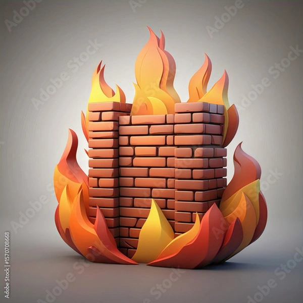 Fototapeta A stylized brick firewall engulfed in flames symbolizing protection against digital threats
