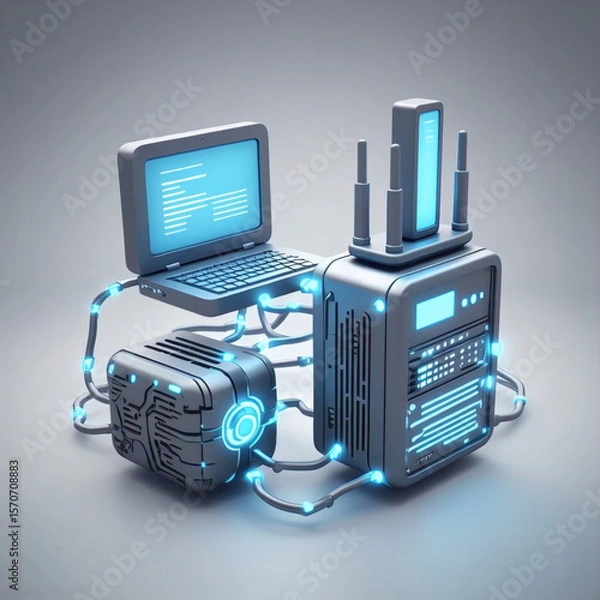 Fototapeta A stylized representation of interconnected computer hardware including a laptop server and a networking device highlighted with glowing blue lights and wires
