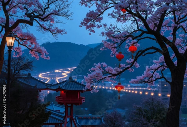 Fototapeta Beautiful night scene in what japan featuring cherry blossoms in bloom traditional architecture glowing red lanterns and a city lit up in the background