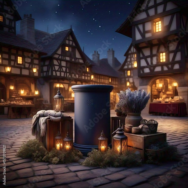 Fototapeta A charming cobblestone village square at night illuminated by warm lights emanating from windows and various lanterns with timber framed buildings under a starry sky