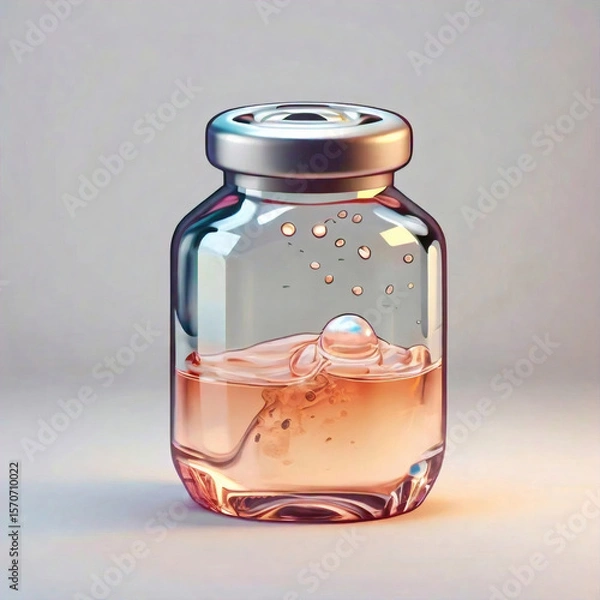 Fototapeta A clear glass vial with a metallic cap containing a pinkish orange liquid with some bubbles and a larger droplet floating within