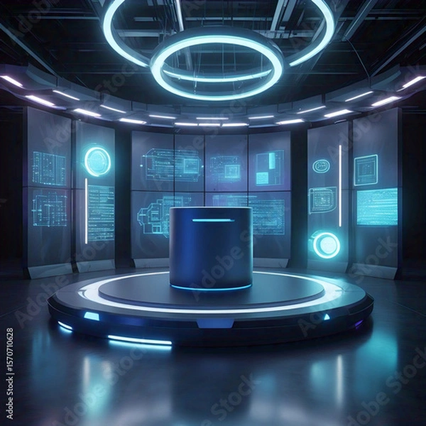 Fototapeta A futuristic dark room with a central glowing circular platform and a cylindrical object surrounded by wall mounted screens displaying glowing blue schematics and data