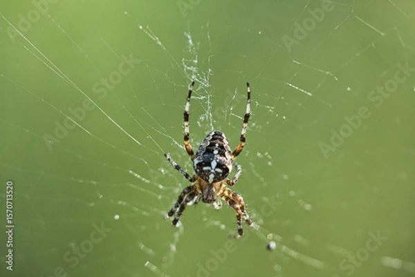 Fototapeta Macro shot of a cross spider on its elaborate web against a green background.