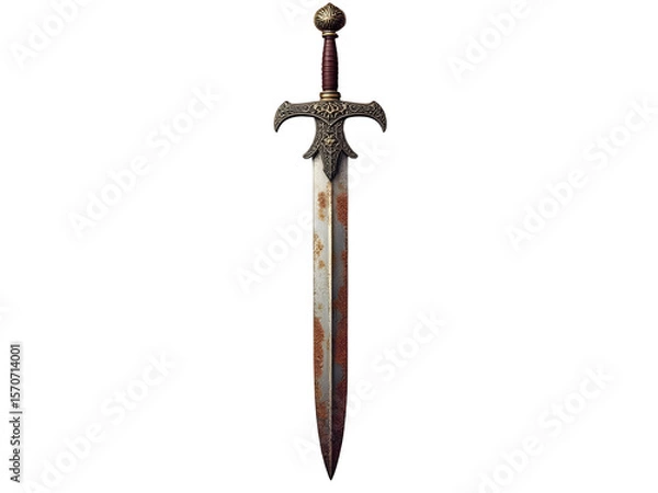 Fototapeta Antique Medieval Rusty Sword with Ornate Gold and Silver Hilt Isolated on a Transparent Background
