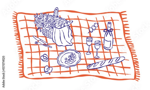 Obraz Various aestehtic picnic elements on blanket. Hand drawn vector illustration.