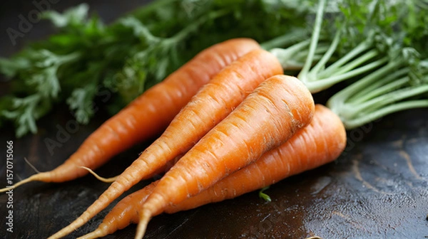Fototapeta Fresh Organic Carrots with Green Tops on Rustic Wooden Surface