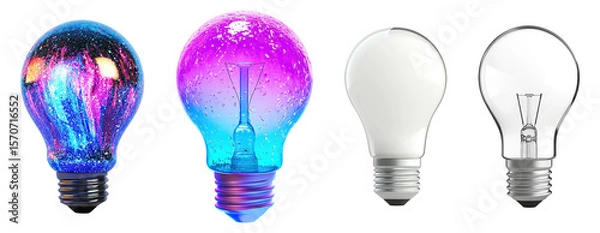 Obraz A row of blue and white light bulbs symbolize innovative energy and brilliant ideas, isolated on transparent. PNG