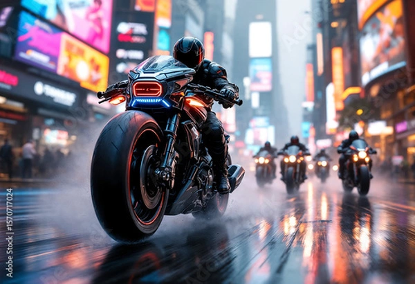 Fototapeta A cyberpunk bounty hunter motorcycle speeds forward at a dynamic 30-degree angle, glowing with neon lights, with smaller bikes chasing behind in the same direction.