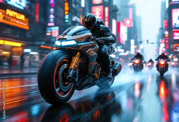 Fototapeta A cyberpunk bounty hunter motorcycle speeds forward at a dynamic 30-degree angle, glowing with neon lights, with smaller bikes chasing behind in the same direction.