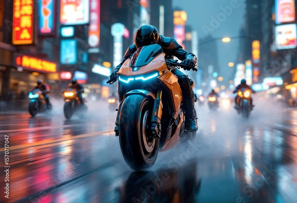 Fototapeta A cyberpunk bounty hunter motorcycle speeds forward at a dynamic 30-degree angle, glowing with neon lights, with smaller bikes chasing behind in the same direction.