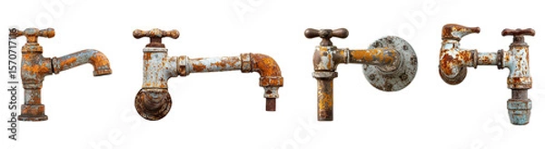 Obraz Collection of old and rusty unusable water taps isolated on transparent background. PNG