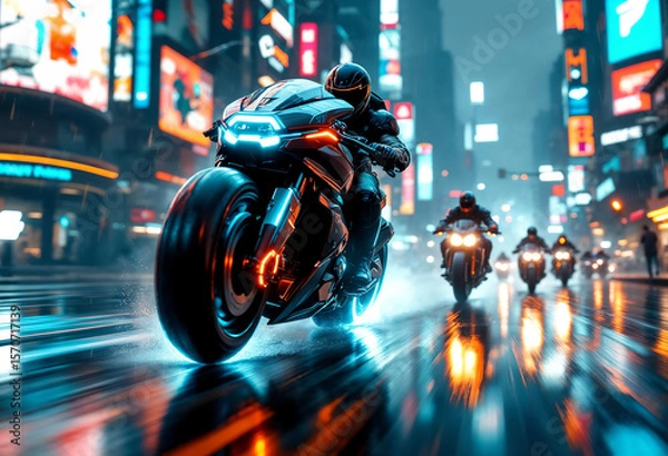 Fototapeta A cyberpunk bounty hunter motorcycle speeds forward at a dynamic 30-degree angle, glowing with neon lights, with smaller bikes chasing behind in the same direction.