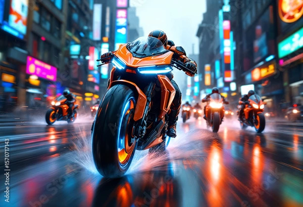 Fototapeta A cyberpunk bounty hunter motorcycle speeds forward at a dynamic 30-degree angle, glowing with neon lights, with smaller bikes chasing behind in the same direction.