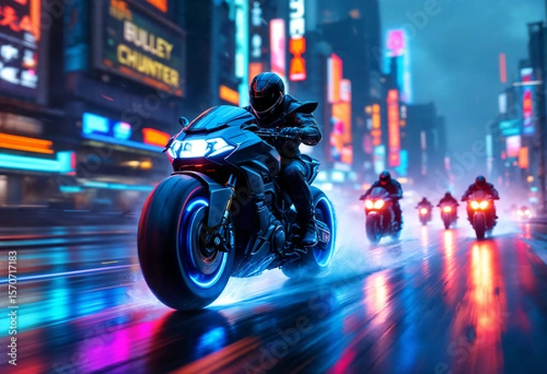Fototapeta A cyberpunk bounty hunter motorcycle speeds forward at a dynamic 30-degree angle, glowing with neon lights, with smaller bikes chasing behind in the same direction.