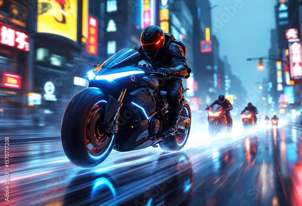 Fototapeta A cyberpunk bounty hunter motorcycle speeds forward at a dynamic 30-degree angle, glowing with neon lights, with smaller bikes chasing behind in the same direction.