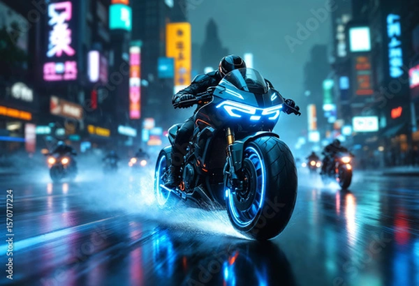 Fototapeta A cyberpunk bounty hunter motorcycle speeds forward at a dynamic 30-degree angle, glowing with neon lights, with smaller bikes chasing behind in the same direction.