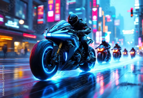 Fototapeta A cyberpunk bounty hunter motorcycle speeds forward at a dynamic 30-degree angle, glowing with neon lights, with smaller bikes chasing behind in the same direction.