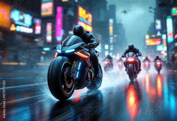 Fototapeta A cyberpunk bounty hunter motorcycle speeds forward at a dynamic 30-degree angle, glowing with neon lights, with smaller bikes chasing behind in the same direction.