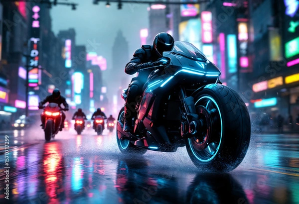 Fototapeta A cyberpunk bounty hunter motorcycle speeds forward at a dynamic 30-degree angle, glowing with neon lights, with smaller bikes chasing behind in the same direction.