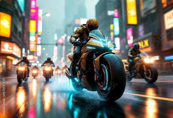 Fototapeta A cyberpunk bounty hunter motorcycle speeds forward at a dynamic 30-degree angle, glowing with neon lights, with smaller bikes chasing behind in the same direction.