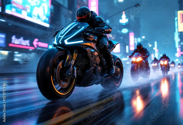 Fototapeta A cyberpunk bounty hunter motorcycle speeds forward at a dynamic 30-degree angle, glowing with neon lights, with smaller bikes chasing behind in the same direction.