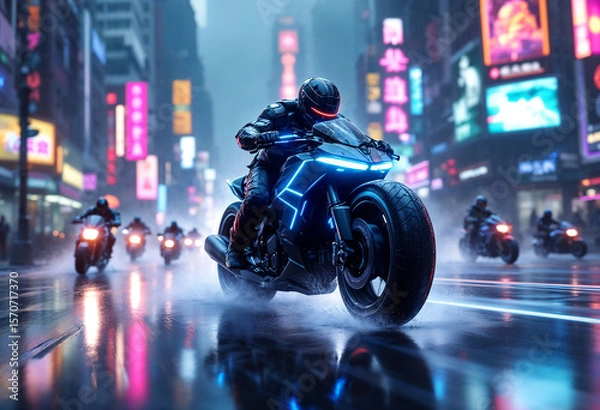 Fototapeta A cyberpunk bounty hunter motorcycle speeds forward at a dynamic 30-degree angle, glowing with neon lights, with smaller bikes chasing behind in the same direction.