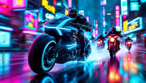 Fototapeta A cyberpunk bounty hunter motorcycle speeds forward at a dynamic 30-degree angle, glowing with neon lights, with smaller bikes chasing behind in the same direction.
