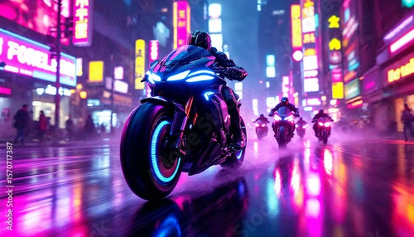 Fototapeta A cyberpunk bounty hunter motorcycle speeds forward at a dynamic 30-degree angle, glowing with neon lights, with smaller bikes chasing behind in the same direction.