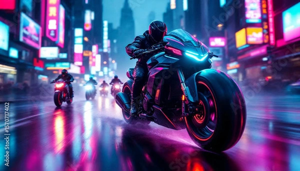 Fototapeta A cyberpunk bounty hunter motorcycle speeds forward at a dynamic 30-degree angle, glowing with neon lights, with smaller bikes chasing behind in the same direction.