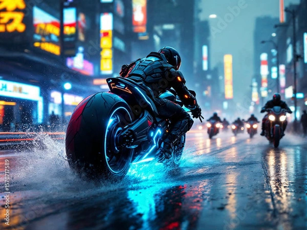 Fototapeta A cyberpunk bounty hunter motorcycle speeds forward at a dynamic 30-degree angle, glowing with neon lights, with smaller bikes chasing behind in the same direction.