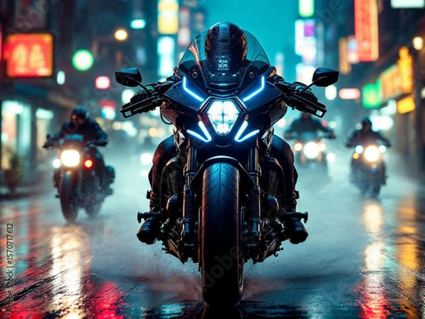 Fototapeta A cyberpunk bounty hunter motorcycle speeds forward at a dynamic 30-degree angle, glowing with neon lights, with smaller bikes chasing behind in the same direction.