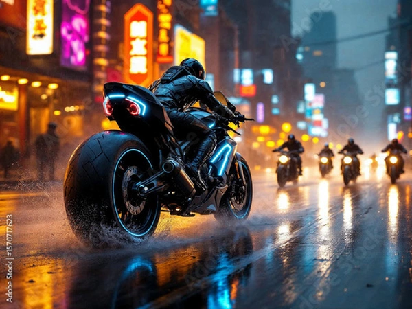 Fototapeta A cyberpunk bounty hunter motorcycle speeds forward at a dynamic 30-degree angle, glowing with neon lights, with smaller bikes chasing behind in the same direction.