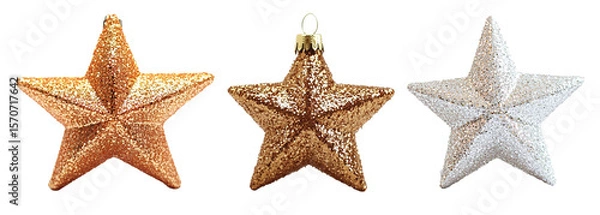 Obraz Set of golden Christmas star and starfish decorations sparkle, perfect for festive holiday trees, isolated on transparent background. PNG