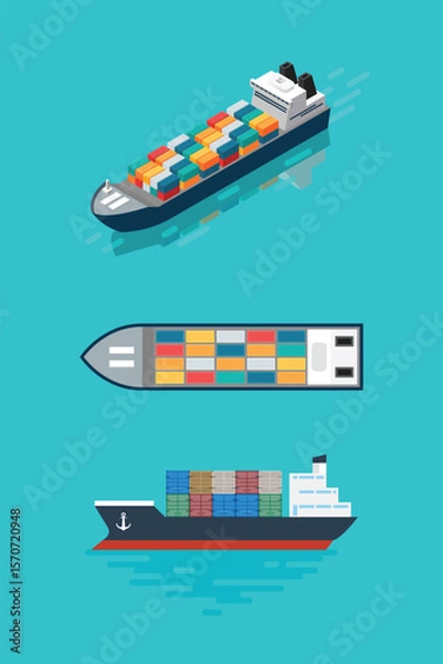 Obraz Container ship in plan side and isometric view