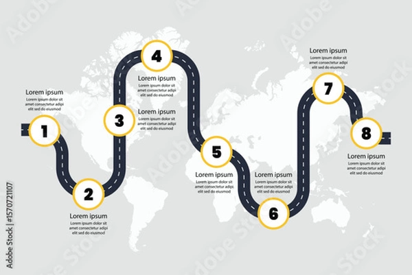 Obraz Roadmap infographic with steps process infographic world map background