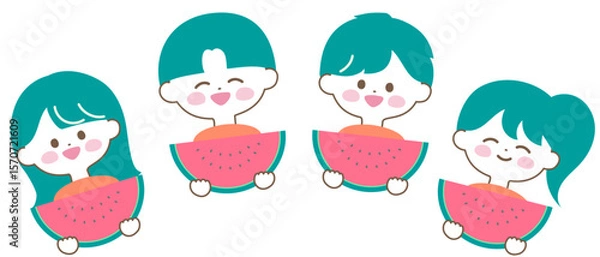 Fototapeta スイカを持った笑顔の子どもたち