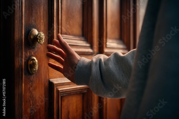 Obraz hand close-up holding the handle of a wooden door