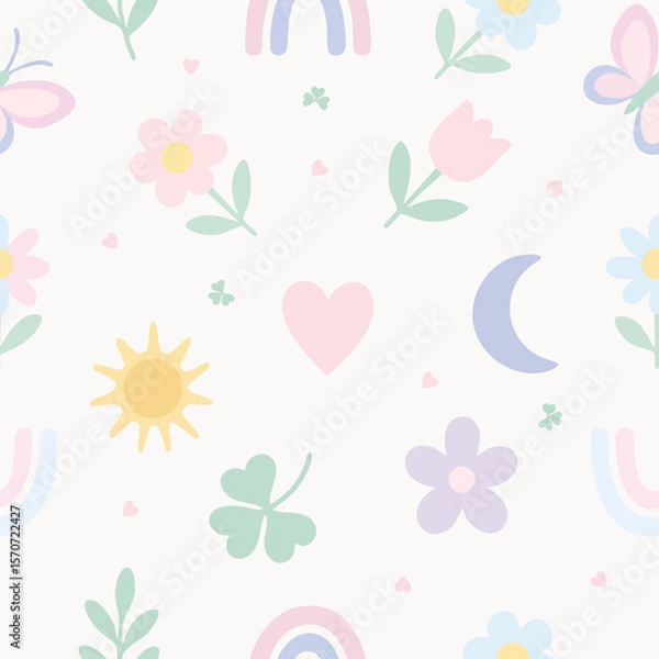 Fototapeta Seamless pastel pattern with cute icons of rainbows, butterflies, sun, moon, hearts, flowers, and clovers. Ideal for kids, nursery, and spring designs.