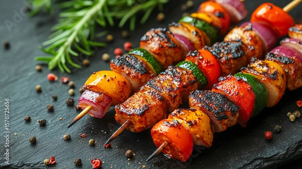 Obraz Kebabs made from pieces of meat and vegetables strung on wooden skewers. The meat and vegetables are perfectly fried, covered with an appetizing crust, with black and red spices