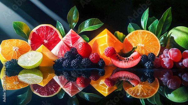 Obraz Bright, juicy slices of various fruits lying on a wet surface. These include pieces of orange, lemon, kiwi, watermelon, water melon, grapefruit, as well as raspberries and cranberries.
