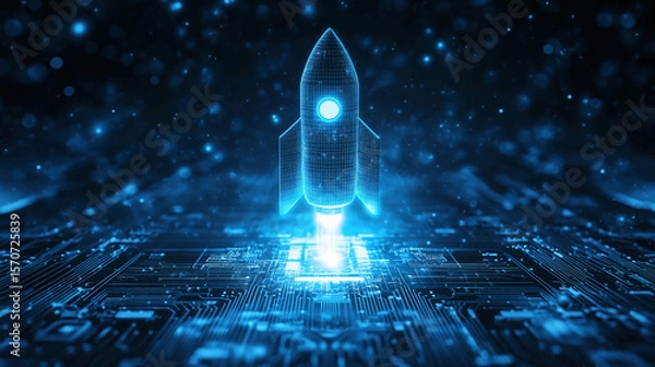 Obraz A rocket taking off into space is surrounded by digital communication lines and networks. Technological progress and space travel. Digital business.