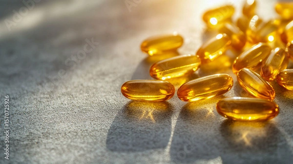Obraz Several capsules with orange oil or vitamin supplements scattered on the surface. The light falls from above, creating bright glare and reflections on the transparent capsules.