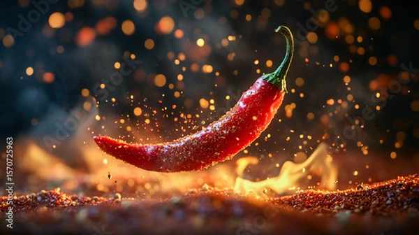 Obraz A bright red hot pepper that is in motion. Small particles of spices and peppers are scattered around it, creating an explosion or takeoff effect.